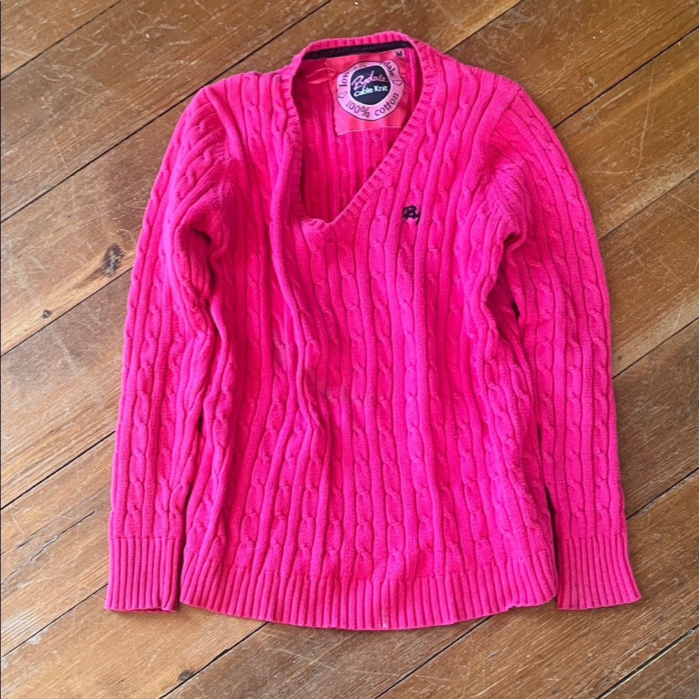 Rydale Ladies V Neck Cable Knit Sweater Cotton Pink